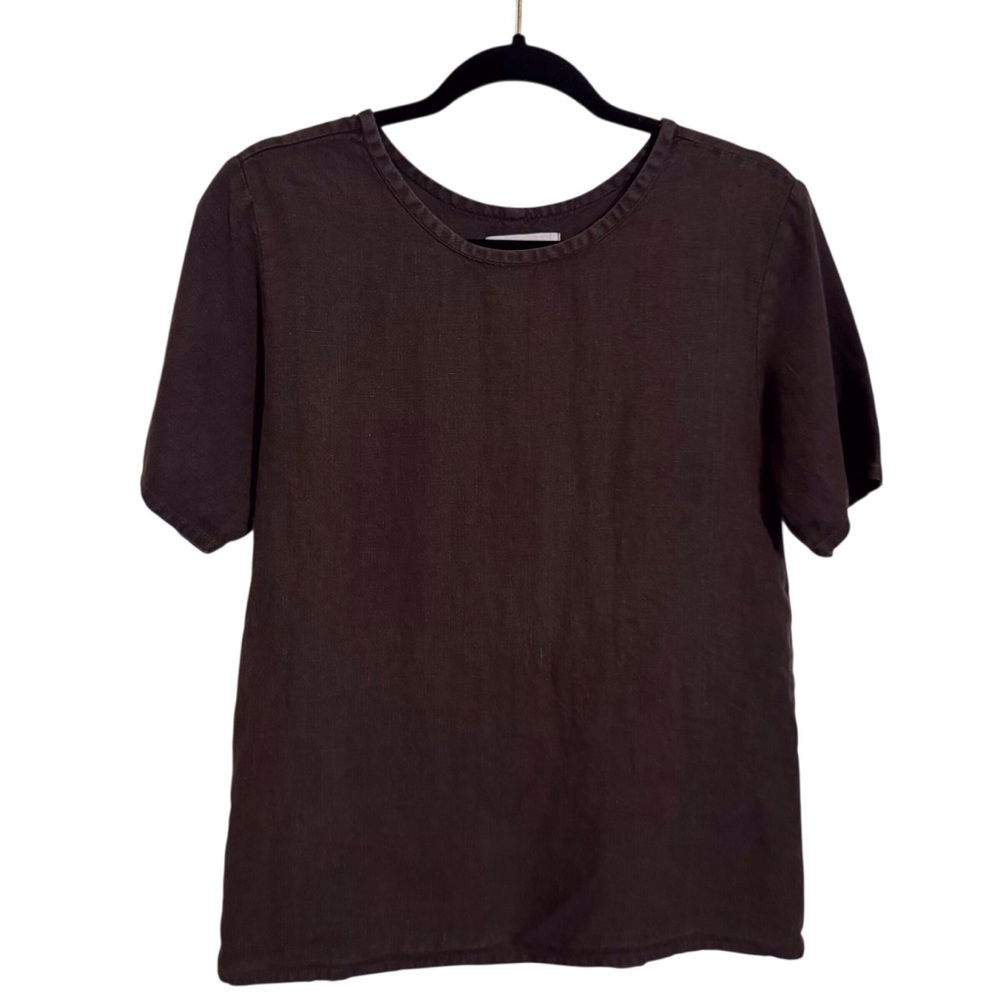 Flax Brown Short Sleeve Linen Blend Top